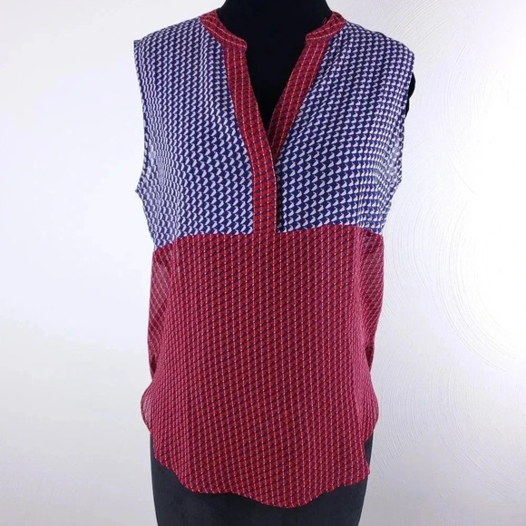 1. State Blue/ Red GeoSheer Printed Blouse size S - Picture 1 of 8